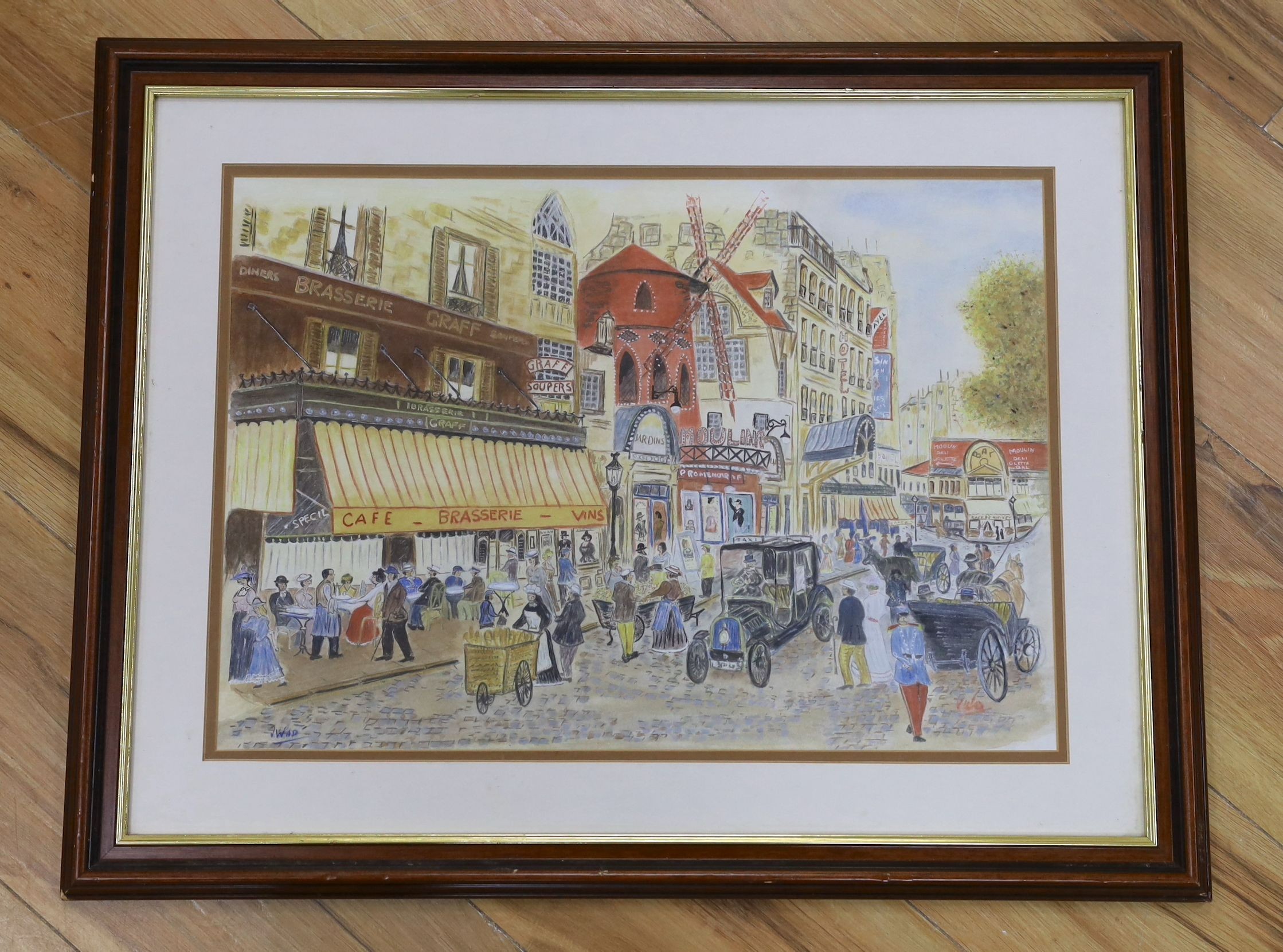 V. Wad, crayon and watercolour, 'Moulin Rouge', signed, 33 x 47cm